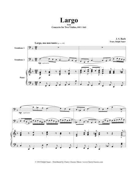 Largo From Concerto Bwv 1043 For Two Trombones And Piano Sheet Music