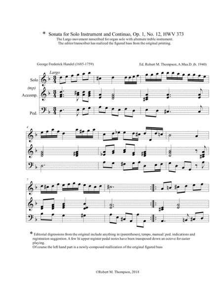 Largo From Op 1 No 12 G F Handel Sheet Music