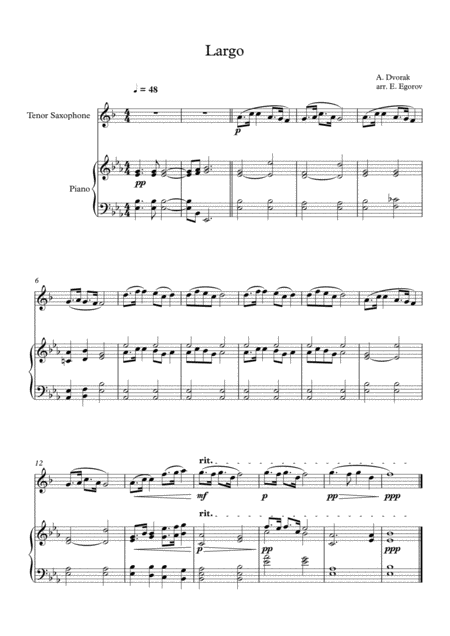 Free Sheet Music Largo The New World Antonin Dvorak For Tenor Saxophone Piano