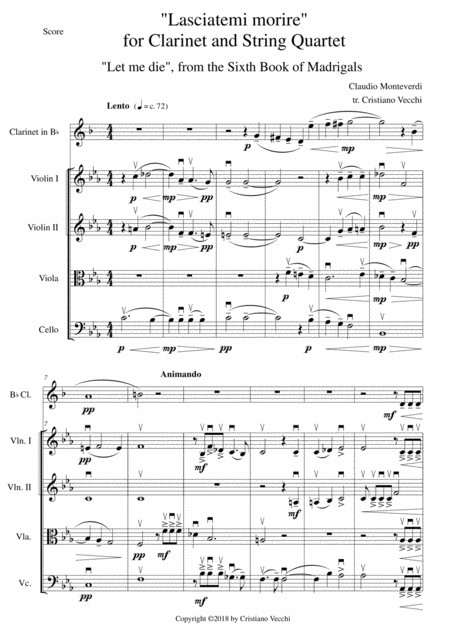 Lasciatemi Morire For Clarinet And String Quartet Sheet Music