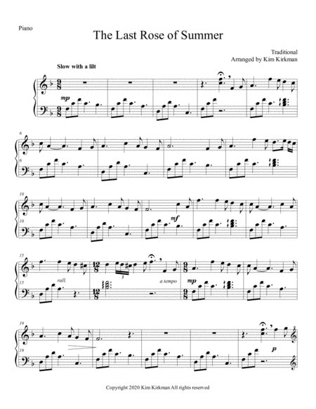 Free Sheet Music Last Rose Of Summer Piano Solo Easy