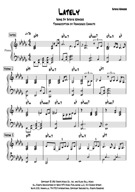 Lately Piano Part Sheet Music