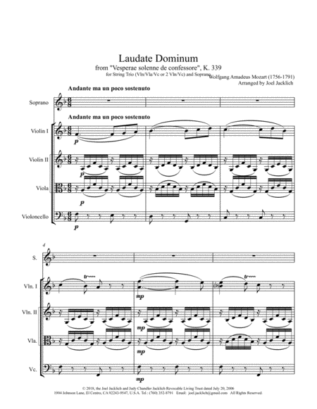 Laudate Dominum From Vesperae Solenne De Confessore K 339 For Solo Soprano Violin Viola Or Violin 2 And Cello Sheet Music