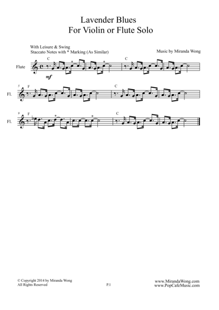 Lavender Blues Jazz Flute Or Violin Solo Jazz Exercise Etudes No 2 Sheet Music