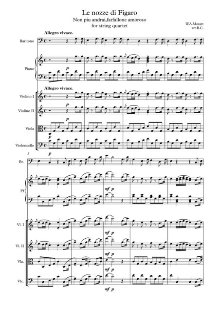 Le Nozze Di Figaro Non Piu Andrai Farfallone Amoroso For String Quartet Sheet Music