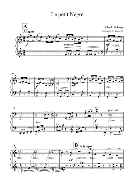 Free Sheet Music Le Petit Negre The Little Nigar C Debussy Intermediate Level