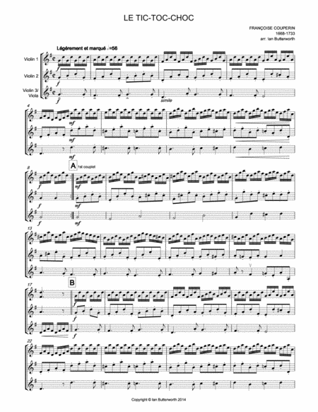 Le Tic Toc Choc For 3 Violins 2 Violins Viola Sheet Music