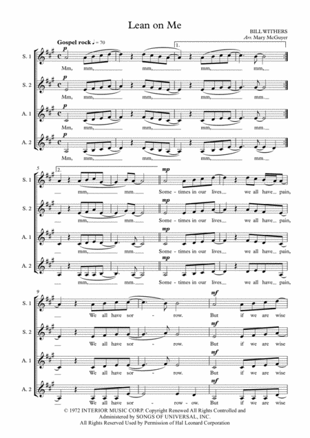 Lean On Me For Ladies A Cappellas S A A Sheet Music