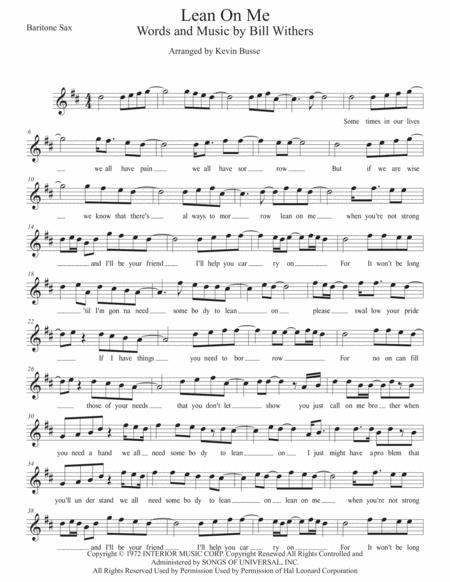 Lean On Me W Lyrics Bari Sax Sheet Music