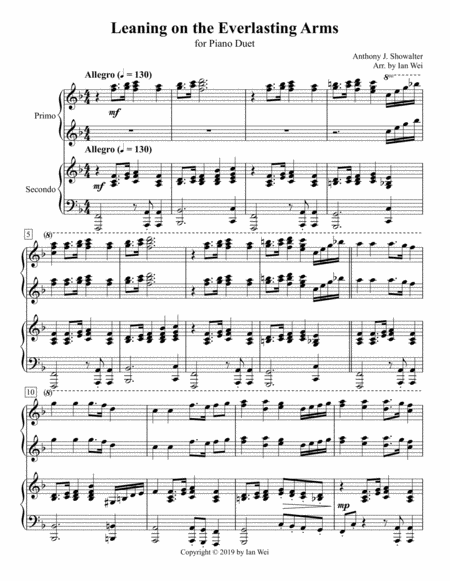 Free Sheet Music Leaning On The Everlasting Arms For Piano Duet
