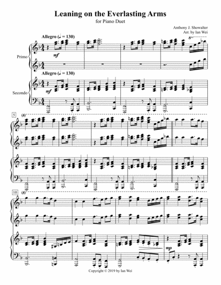 Leaning On The Everlasting Arms For Piano Duet Sheet Music