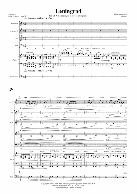 Free Sheet Music Leningrad Choir Ssab With Soloist Piano Accompaniment And Optional Electric Bass Guitar