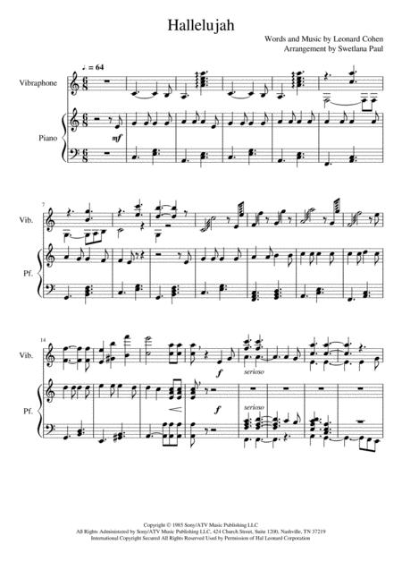 Free Sheet Music Leonard Cohen Hallelujah Vibraphone And Piano