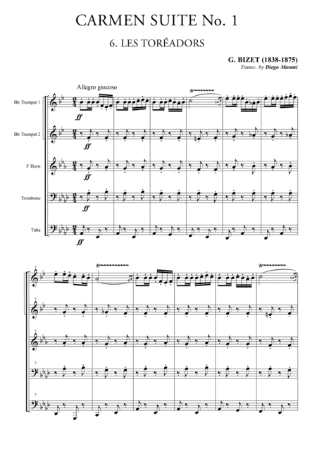 Free Sheet Music Les Toreadors From Carmen Suite For Brass Quintet