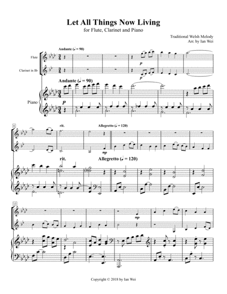 Free Sheet Music Let All Things Now Living For Flute Clarinet And Piano