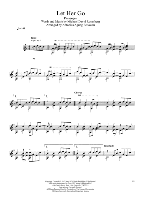 Let Her Go Solo Guitar Score Sheet Music