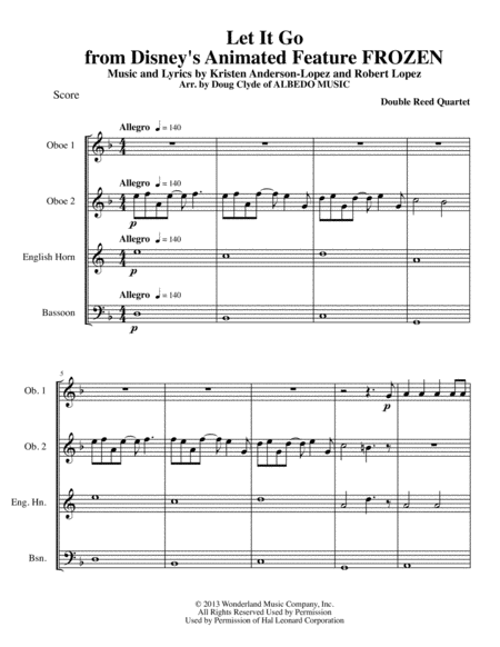 Let It Go From Disneys Animated Feature Frozen For Double Reed Quartet Sheet Music