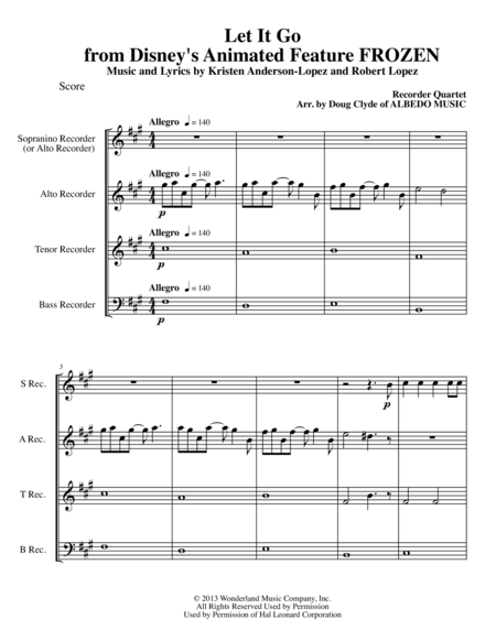 Let It Go From Disneys Animated Feature Frozen For Recorder Quartet Sheet Music