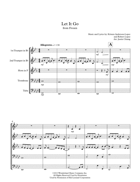 Let It Go From Frozen Brass Quintet Sheet Music