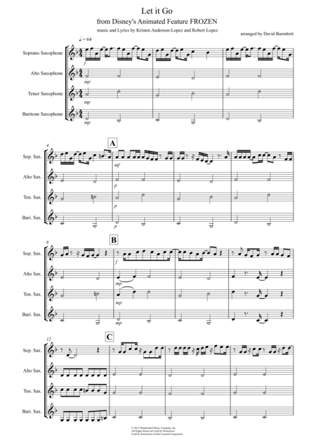 Free Sheet Music Let It Go From Frozen For Saxophone Quartet