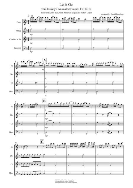 Free Sheet Music Let It Go From Frozen For Wind Quartet