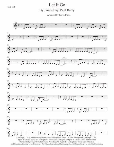 Free Sheet Music Let It Go Horn In F Easy Key Of C