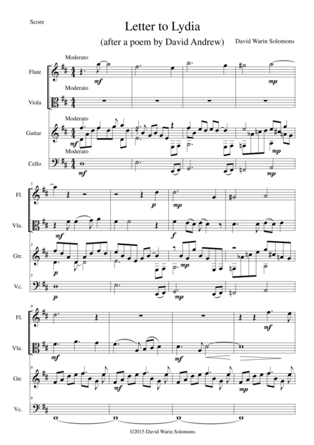 Letter To Lydia For Viola Flute Cello And Guitar Sheet Music