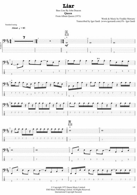 Free Sheet Music Liar Queen John Deacon Complete And Accurate Bass Transcription Whit Tab