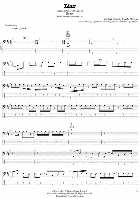 Liar Queen John Deacon Complete And Accurate Bass Transcription Whit Tab Sheet Music