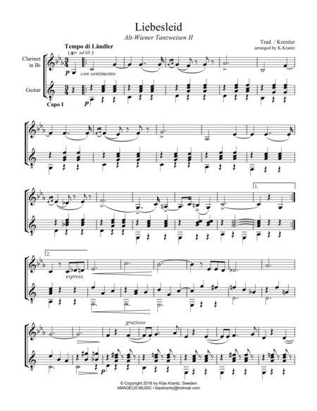Free Sheet Music Liebesleid For Clarinet In Bb And Guitar