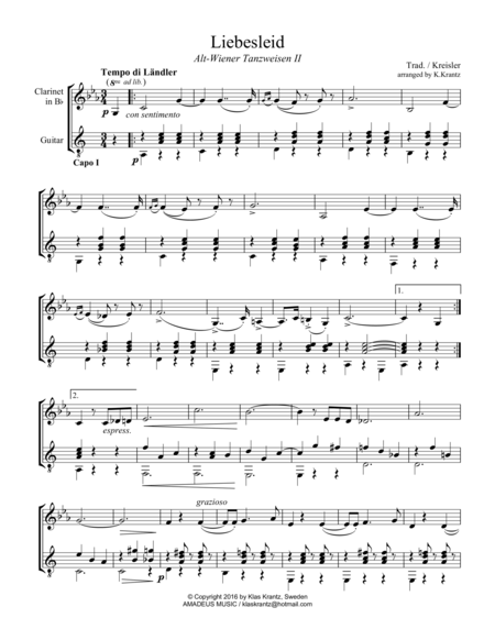 Liebesleid For Clarinet In Bb And Guitar Sheet Music