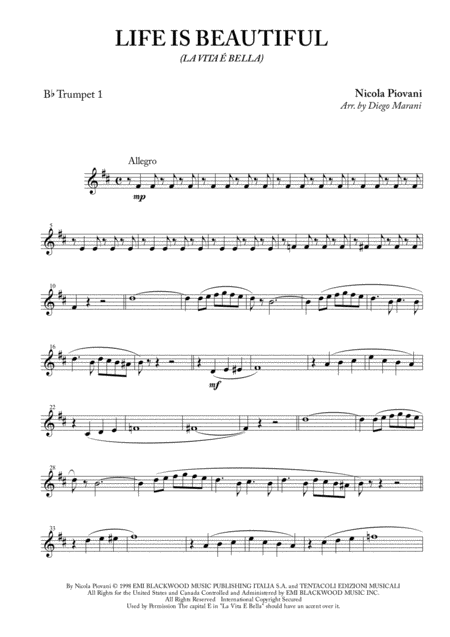 Life Is Beautiful La Vita E Bella For Brass Quartet Sheet Music