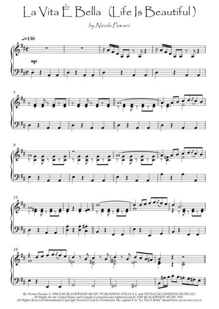 Life Is Beautiful La Vita E Bella Piano Solo Sheet Music