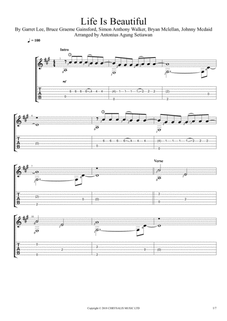 Free Sheet Music Life Is Beautiful Solo Guitar Tablature