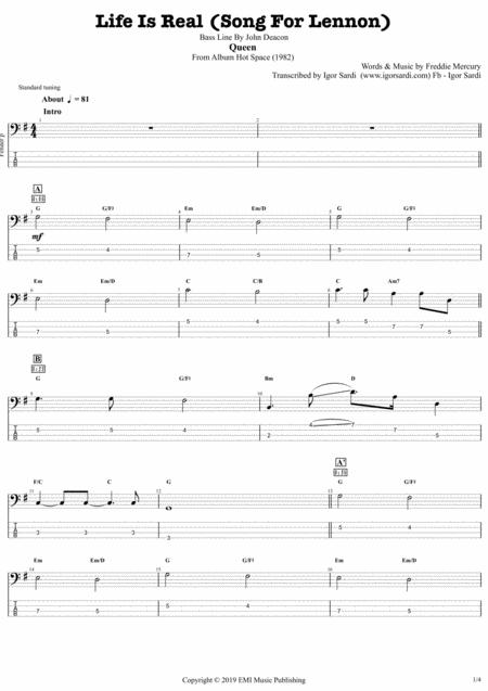 Life Is Real Song For Lennon Queen John Deacon Complete And Accurate Bass Transcription Whit Tab Sheet Music