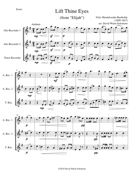 Free Sheet Music Lift Thine Eyes From Elijah For Recorder Trio 2 Altos 1 Tenor