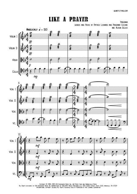 Free Sheet Music Like A Prayer String Quartet