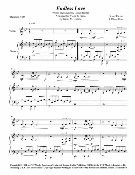 Free Sheet Music Lionel Richie Endless Love For Violin Piano