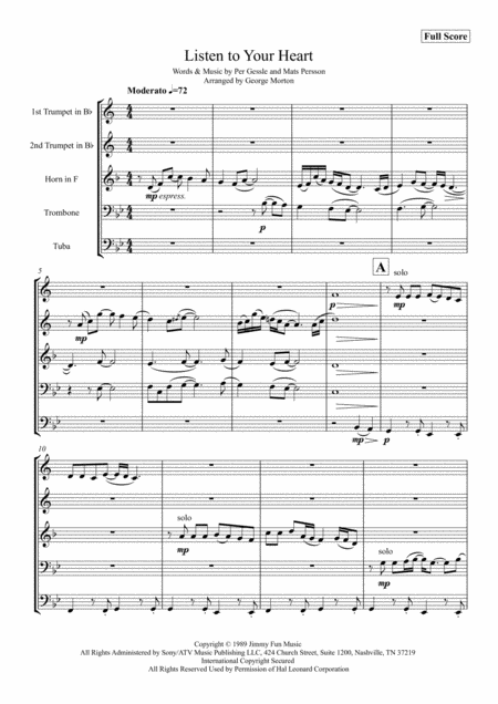 Listen To Your Heart For Brass Quintet Sheet Music