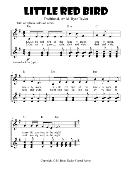 Little Red Bird Of The Lonely Moor Voices With Boomwhacker Accompaniment And Chord Indications Sheet Music