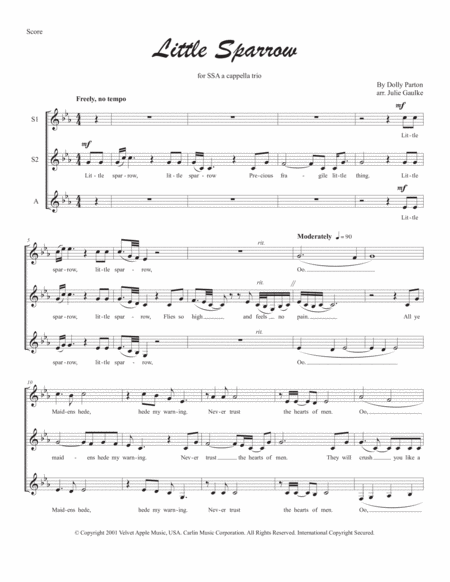 Free Sheet Music Little Sparrow For Ssa A Cappella Trio