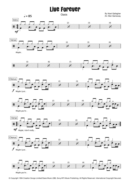 Free Sheet Music Live Forever Drum Score