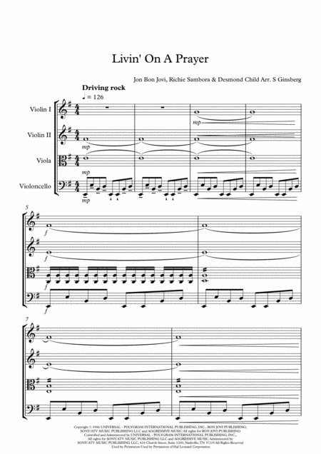 Livin On A Prayer For String Quartet Sheet Music