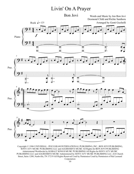 Livin On A Prayer Piano Solo Sheet Music