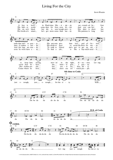 Free Sheet Music Living For The City Leadsheet For Singalongs