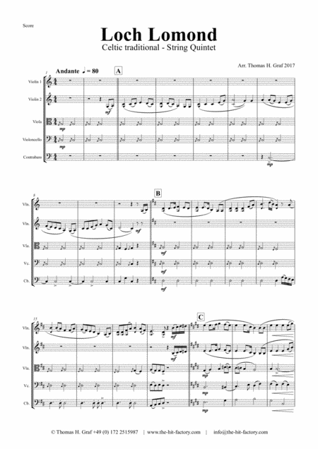 Loch Lomond Celtic Traditional String Quintet Sheet Music