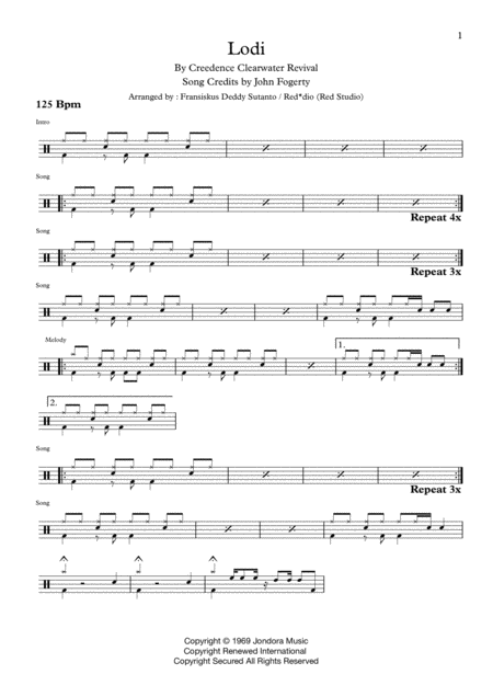 Free Sheet Music Lodi By Creedence Clearwater Revival Ccr Drum Scores