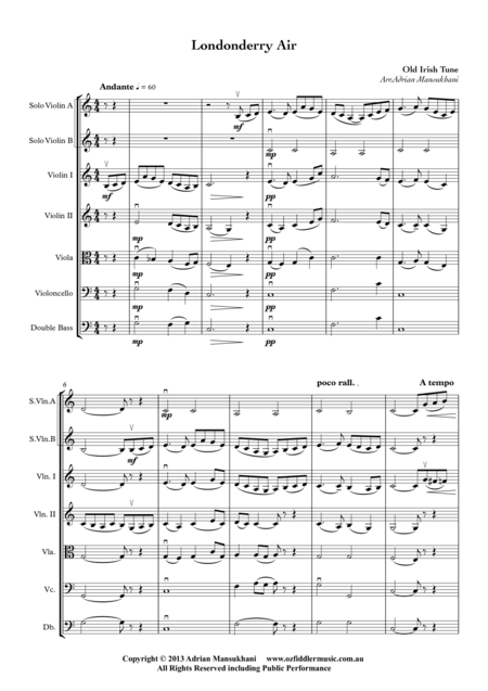 Londonderry Air For 2 Solo Violins And String Orchestra Sheet Music