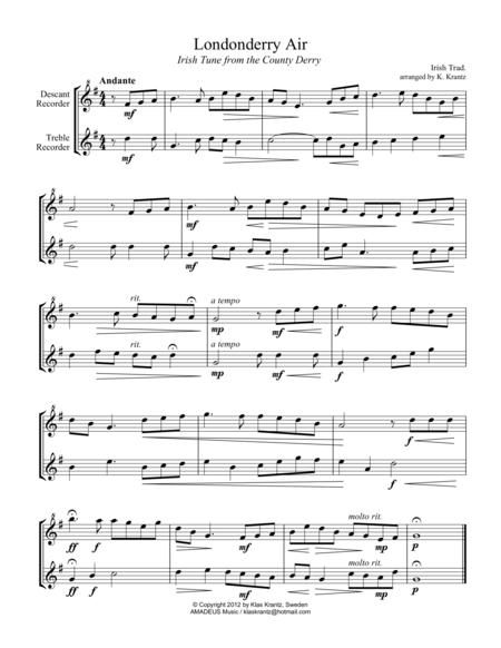 Londonderry Air For Recorder Duet Descant Treble Sheet Music