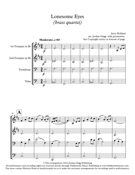 Free Sheet Music Lonesome Eyes Brass Quartet